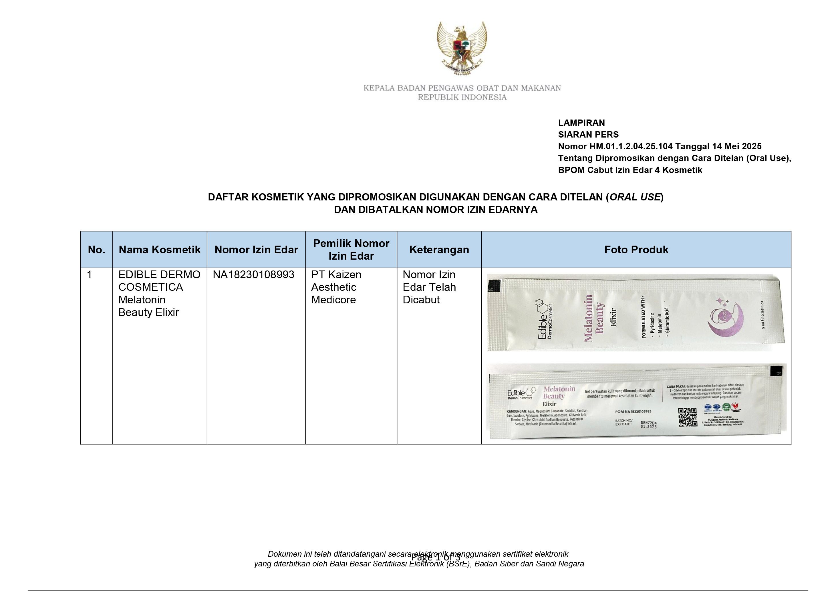 Lampiran-Daftar kosmetik yang dipromosikan digunakan dengan cara ditelan (oral use) dan dibatalkan nomor izin edarnya